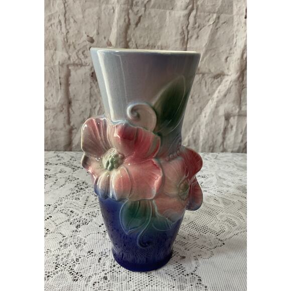 Beautiful Vintage Royal Copley Vase Cobalt Pink Green Marked - Picture 1 of 7